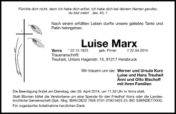 Traueranzeige von Luise Marx von Hersbrucker Zeitung