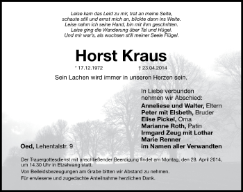 Traueranzeige von Horst Kraus von Hersbrucker Zeitung