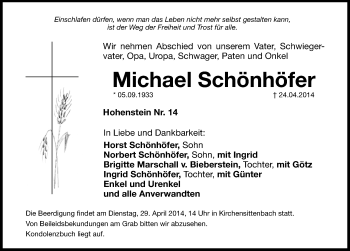 Traueranzeige von Michael Schönhöfer von Hersbrucker Zeitung