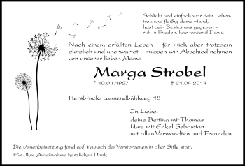 Traueranzeige von Marga Strobel von Hersbrucker Zeitung