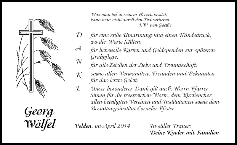  Traueranzeige für Georg Wölfel vom 01.05.2014 aus Hersbrucker Zeitung