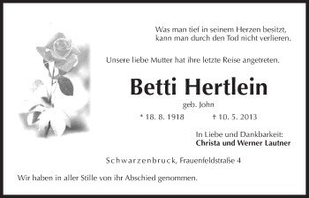 Traueranzeige von Betti Hertlein von Der Bote