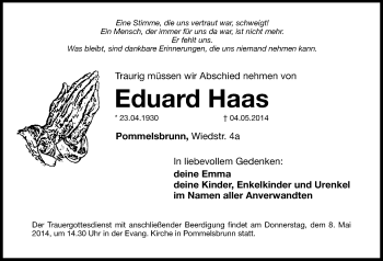 Traueranzeige von Eduard Haas von Hersbrucker Zeitung