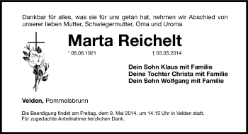 Traueranzeige von Marta Reichelt von Hersbrucker Zeitung