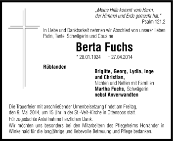 Traueranzeige von Berta Fuchs von Hersbrucker Zeitung