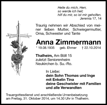 Traueranzeige von Anna Zimmermann von Hersbrucker Zeitung