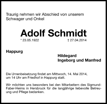 Traueranzeige von Adolf Schmidt von Hersbrucker Zeitung