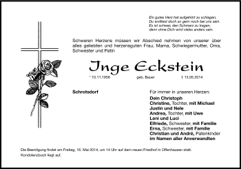 Traueranzeige von Inge Eckstein von Hersbrucker Zeitung