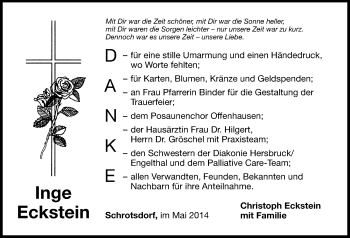 Traueranzeige von Inge Eckstein von Hersbrucker Zeitung