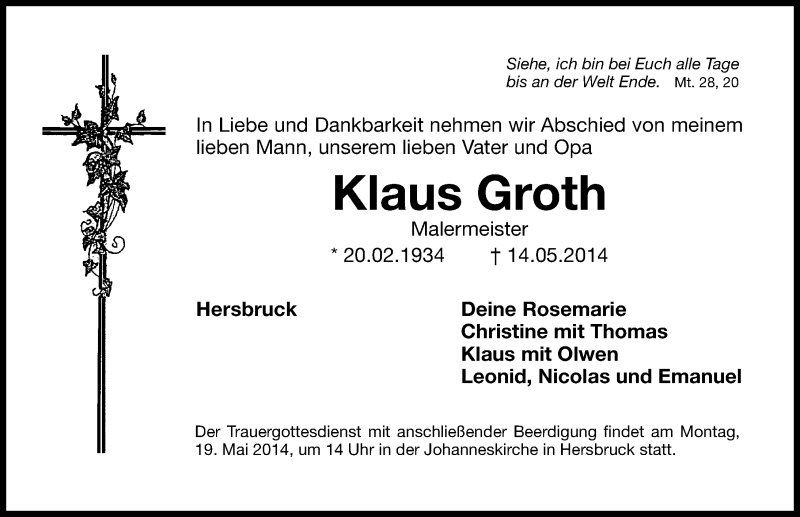  Traueranzeige für Klaus Groth vom 17.05.2014 aus Hersbrucker Zeitung