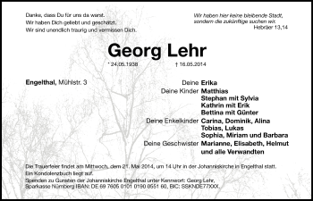 Traueranzeige von Georg Lehr von Hersbrucker Zeitung