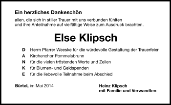 Traueranzeige von Else Klipsch von Hersbrucker Zeitung