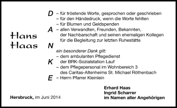 Traueranzeige von Hans  Haas von Hersbrucker Zeitung