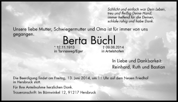Traueranzeige von Berta Büchl von Hersbrucker Zeitung