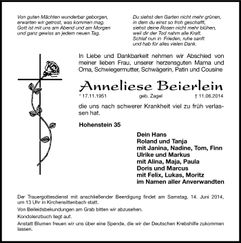 Traueranzeige von Anneliese Beierlein von Hersbrucker Zeitung