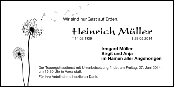 Traueranzeige von Heinrich Müller von Hersbrucker Zeitung