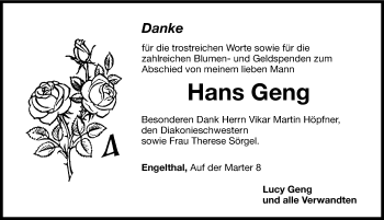 Traueranzeige von Hans Geng von Hersbrucker Zeitung