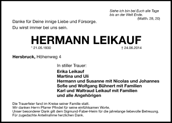 Traueranzeige von Hermann Leikauf von Hersbrucker Zeitung