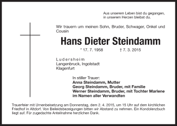 Traueranzeige von Hans Dieter Steindamm von Der Bote