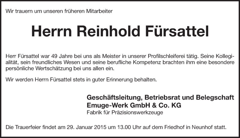  Traueranzeige für Reinhold Fürsattel vom 28.01.2015 aus Pegnitz-Zeitung