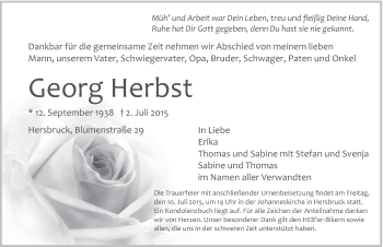 Traueranzeige von Georg Herbst von Hersbrucker Zeitung