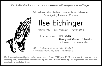 Traueranzeige von Ilse Eichinger von Hersbrucker Zeitung