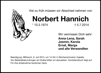 Traueranzeige von Norbert Hannich von Hersbrucker Zeitung