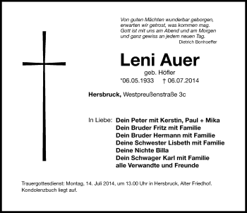 Traueranzeige von Leni Auer von Hersbrucker Zeitung