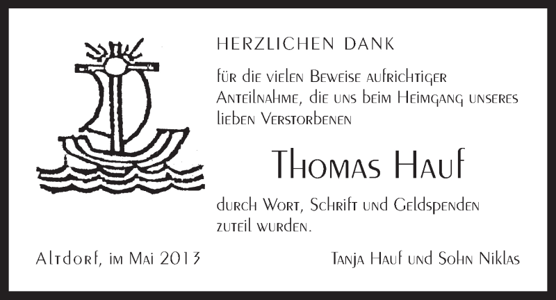  Traueranzeige für Thomas Hauf vom 15.05.2013 aus Der Bote