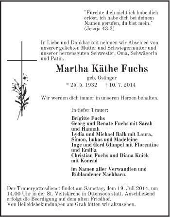 Traueranzeige von Martha Käthe Fuchs von Hersbrucker Zeitung