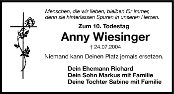 Traueranzeige von Anny Wiesinger von Hersbrucker Zeitung