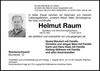 Traueranzeige von Helmt Raum von Hersbrucker Zeitung