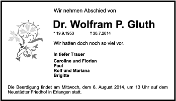 Traueranzeige von Wolfram P. Gluth von Hersbrucker Zeitung