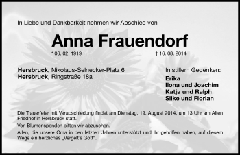 Traueranzeige von Anna Frauendorf von Hersbrucker Zeitung