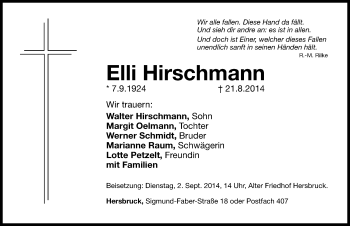 Traueranzeige von Elli Hirschmann von Hersbrucker Zeitung