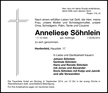 Traueranzeige von Anneliese Söhnlein von Hersbrucker Zeitung