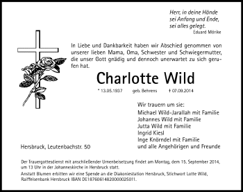 Traueranzeige von Charlotte Wild von Hersbrucker Zeitung