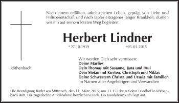 Traueranzeige von Herbert Lindner von Pegnitz-Zeitung