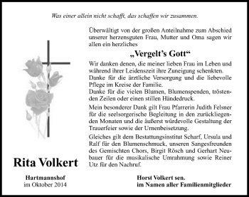 Traueranzeige von Rita Volkert von Hersbrucker Zeitung