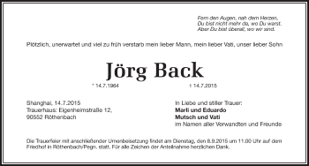 Traueranzeige von Jörg Back von Pegnitz-Zeitung