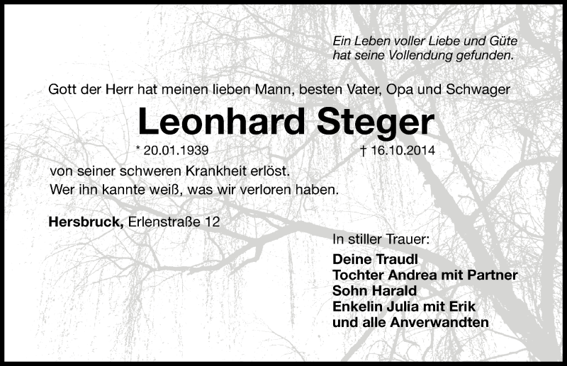  Traueranzeige für Leonhard Steger vom 23.10.2014 aus Hersbrucker Zeitung