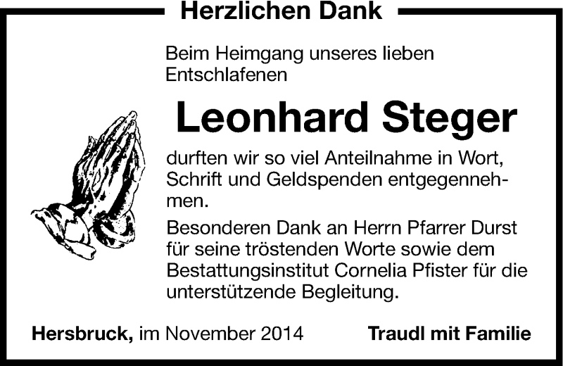  Traueranzeige für Leonhard Steger vom 12.11.2014 aus Hersbrucker Zeitung