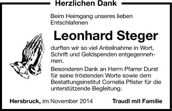 Traueranzeige von Leonhard Steger von Hersbrucker Zeitung