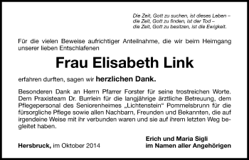 Traueranzeige von Elisabeth Link von Hersbrucker Zeitung