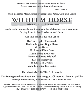 Traueranzeige von Wilhelm Horst von Hersbrucker Zeitung