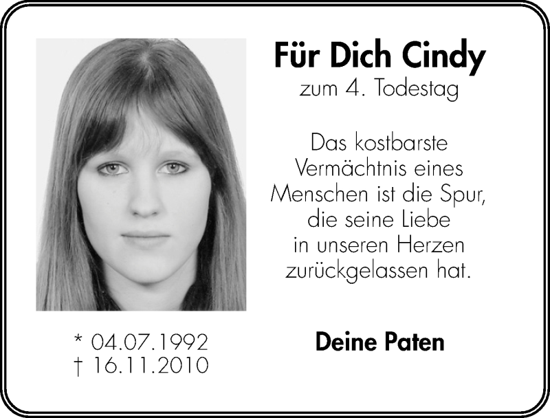  Traueranzeige für Cindy Schulz vom 15.11.2014 aus Hersbrucker Zeitung