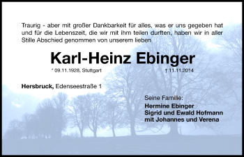 Traueranzeige von Karl-Heinz Ebinger von Hersbrucker Zeitung