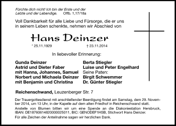 Traueranzeige von Hans Deinzer von Hersbrucker Zeitung