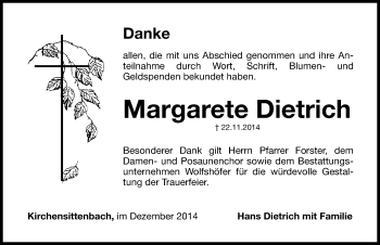 Traueranzeige von Margarete Dietrich von Hersbrucker Zeitung