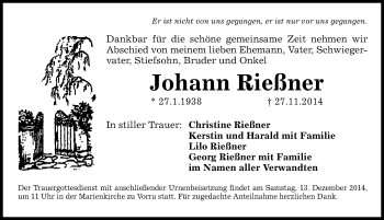 Traueranzeige von Johann Rießner von Hersbrucker Zeitung